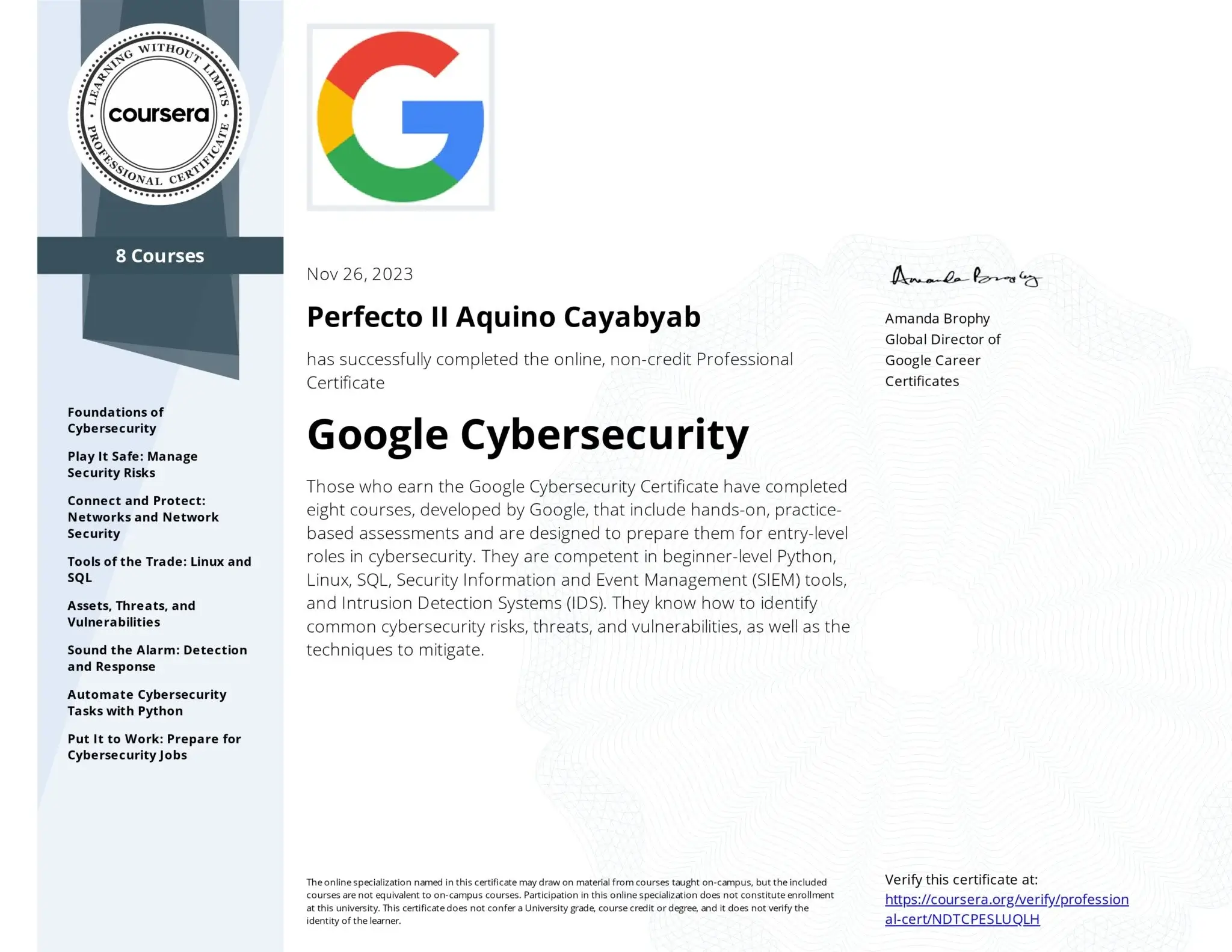 Google Cybersecurity Specialization